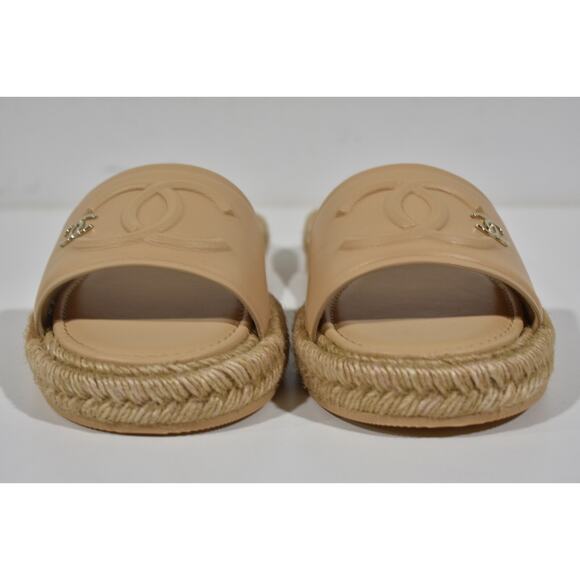 Chanel 23C Beige Lambskin Leather CC Logo Slide Sandal Slip Espadrille Flat 37 - Picture 6 of 12